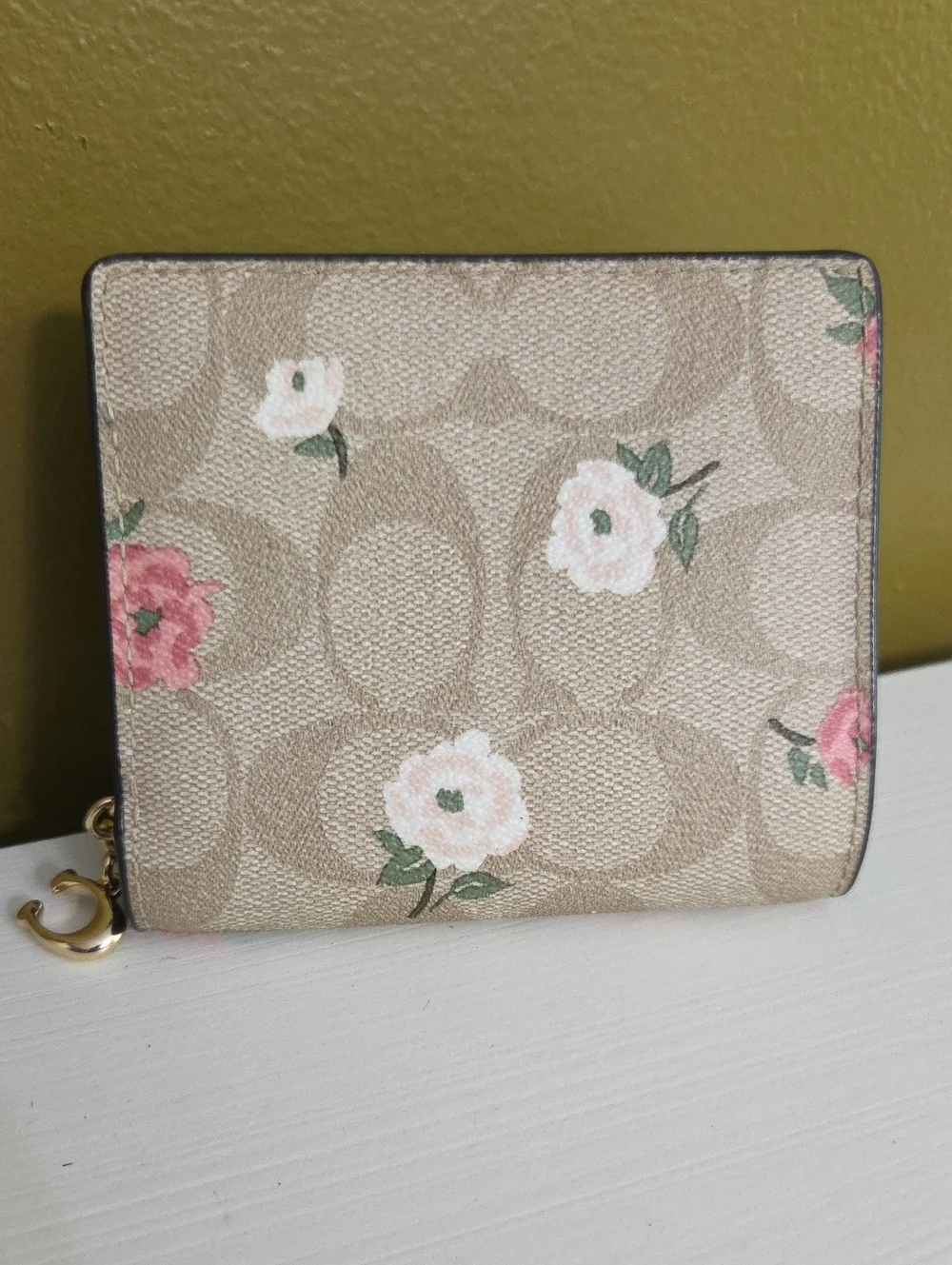 COACH Beige Signature Canvas Floral Zip Wallet with Gold Logo